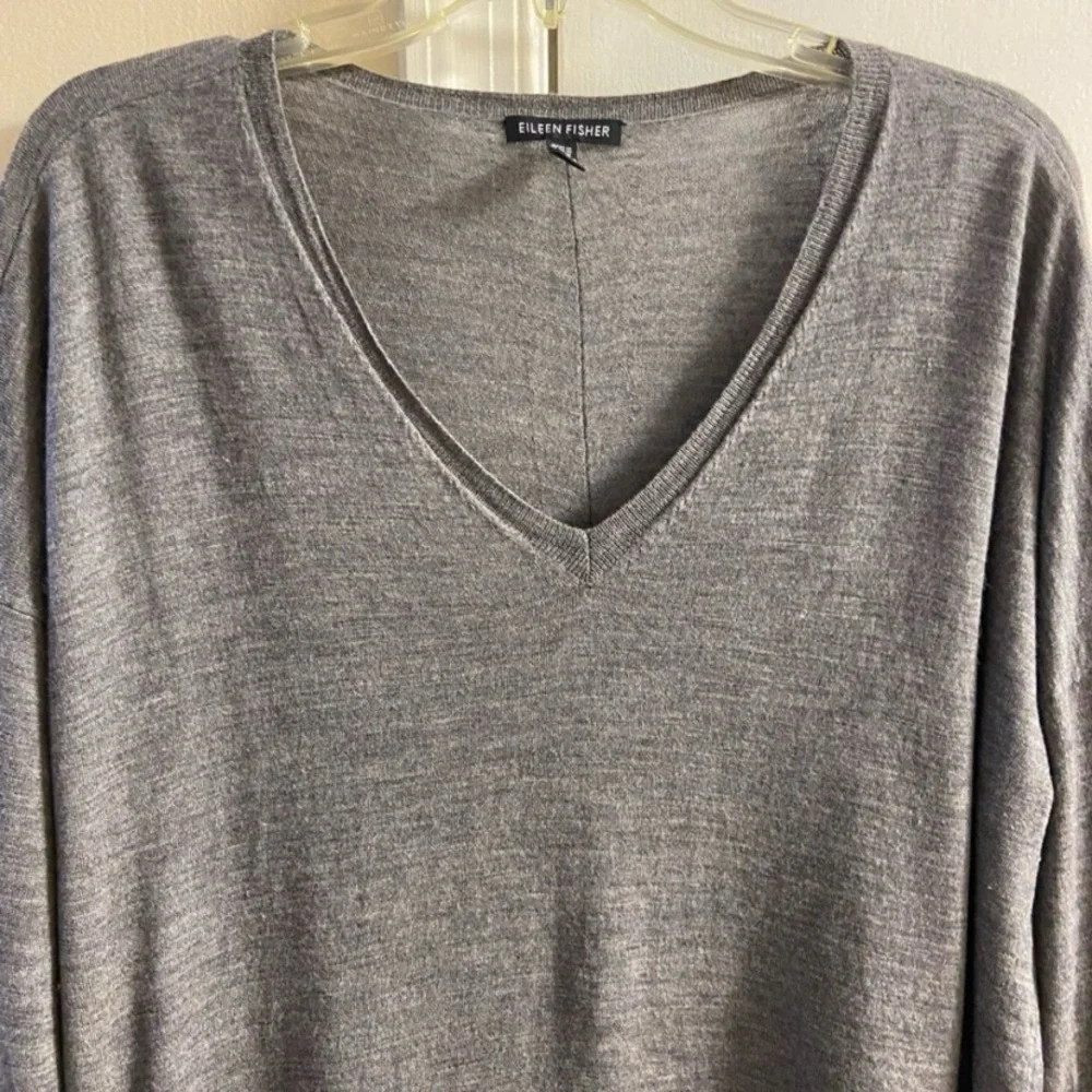 Eileen Fisher Gray V-Neck sweater merino wool lagenlook slouchy Large - Picture 3 of 7